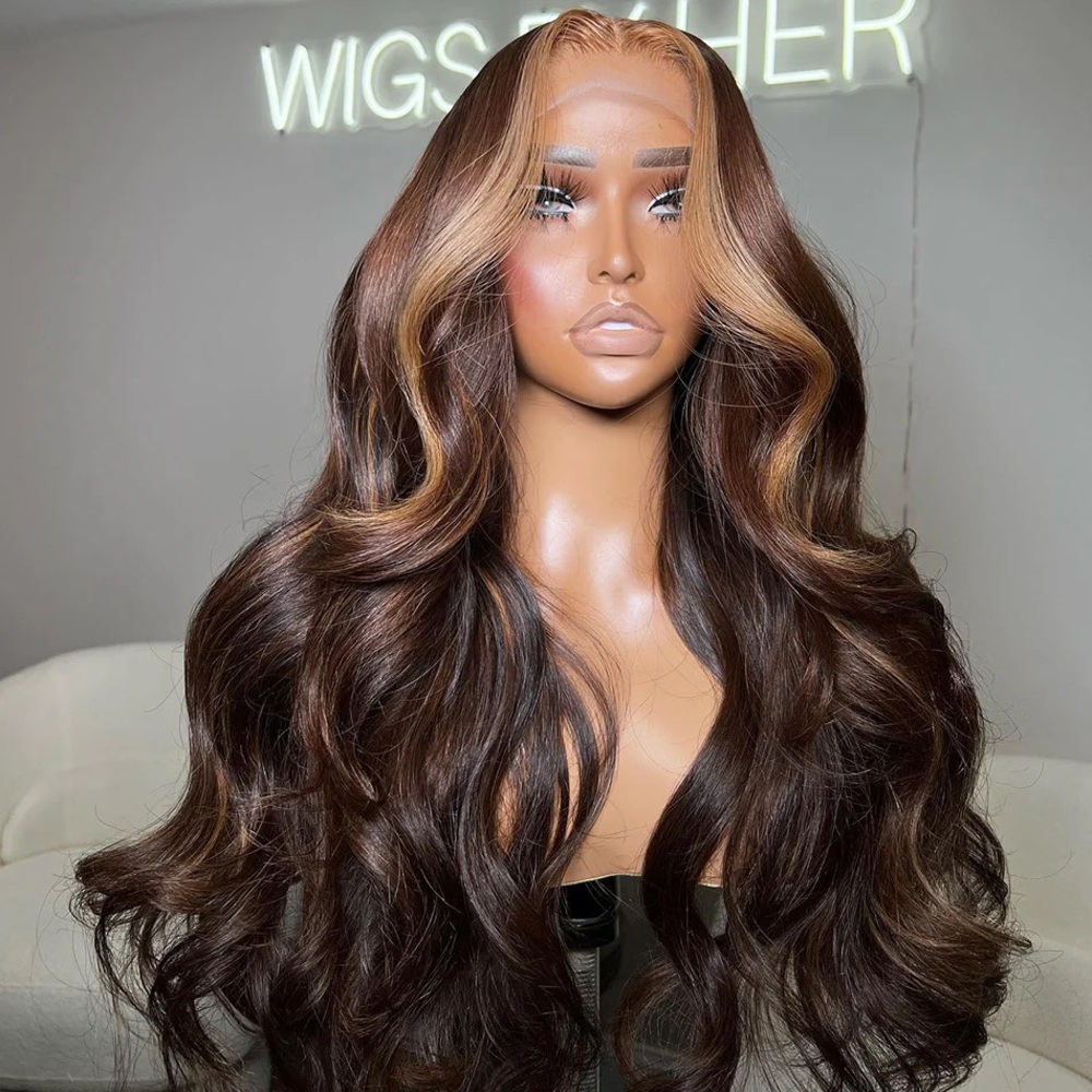 Brown Long Wavy Lace Front Wig with Blonde Highlights
